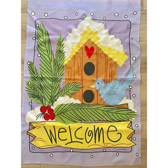 Large Christmas House Flag Welcome Birdhouse Blue Bird Pine Red Berries 28x39" - Picture 2 of 4